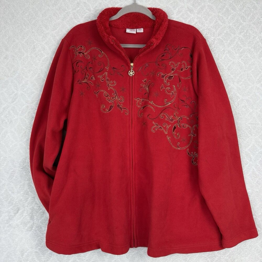 Holiday Fleece Jacket Womens 2X Red Full Zip Gold Embroidery Christmas Grandma